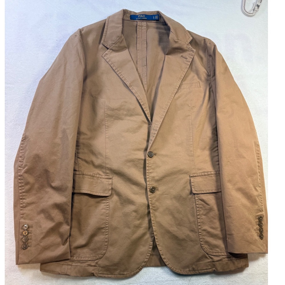 Polo Ralph Lauren Mens Large Khaki Tan Cotton 2 Button Blazer Sport Coat LG - Picture 2 of 12